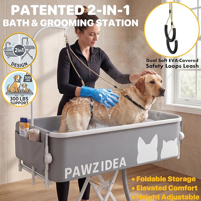PAWZIDEA 2-in-1 Dog Bath Tub & Grooming Table 43" for Medium to Large Dogs | 5 Height Adjustable Elevated Dog Bathtub, Foldable Washing Station w/ Grooming Arm &1.8" Fast Drain, up 150lb,Indoor Outdoor - Image 3