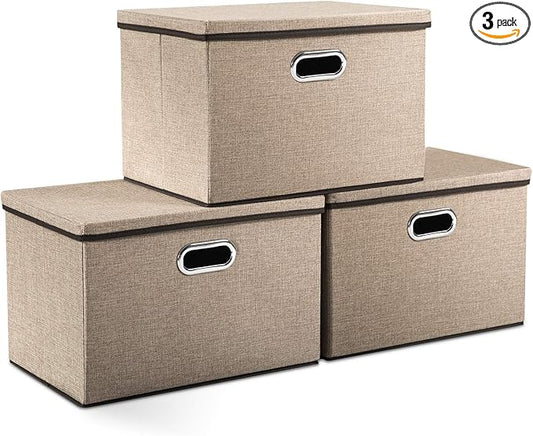PRANDOM Large Collapsible Storage Bins with Lids [3-Pack] Jute Fabric Foldable Storage Boxes Organizer Containers Baskets Cube with Cover for Home Bedroom Closet Office Nursery (17.7x11.8x11.8) by Prandom