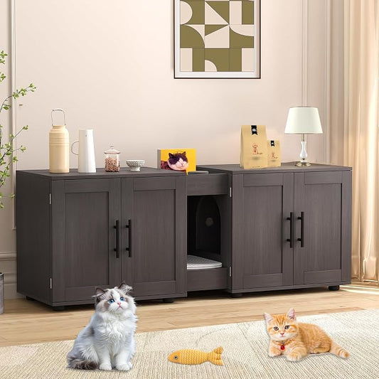 3-in-1 Cat Litter Box Enclosure for 2 Cats, 55 Inch Large Hiddden Litter Box Enclosure Furniture with Double Rooms, Farmhouse Wooden Cat Washroom for Bedroom Living Room, White by GAOMON