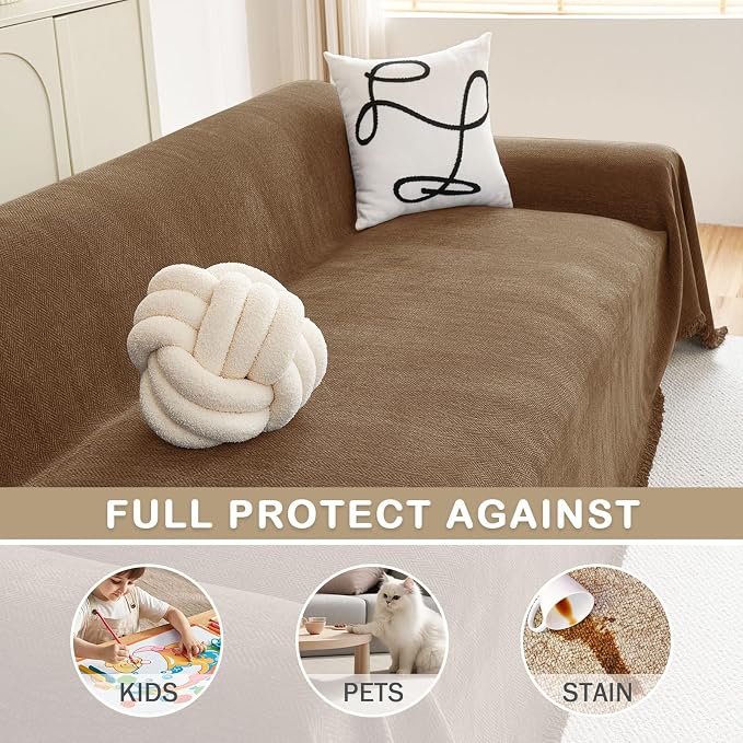 hyha Couch Cover for Dogs, Boho Chenille Sofa Cover for 3 Cushion Couch | Anti-Scratch Washable Sofa Slipcover, Loveseat Sectional Couch Throw Blankets with Tassels (Chocolate, 71x134 Inch) - Image 3