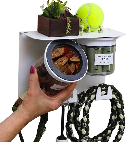 Dog Treat Holder For Wall Storage For Pets, Premium Pet Wall Organizer, Includes Two 16oz Airtight Dog Treat Jars, 3 Sets of Triple Hooks, Sturdy Shelf in Designer White by Vascito