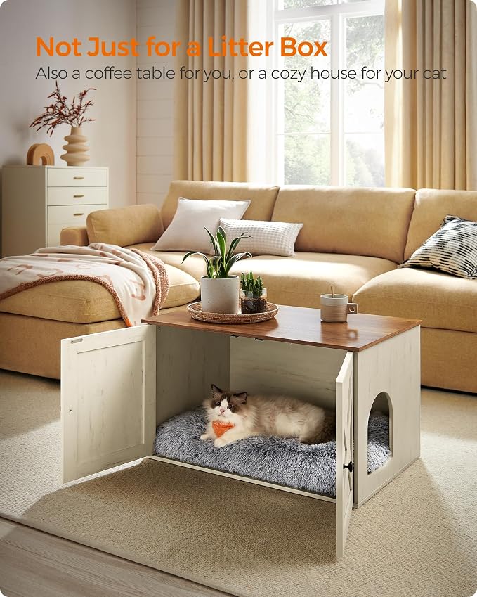 Feandrea Cat Litter Box Enclosure, Litter Box Furniture Hidden with Removable Divider, Indoor Cat House, End Table, 31.5 x 20.9 x 19.7 Inches, Honey Brown and Rustic White UPCL002P01 - Image 3