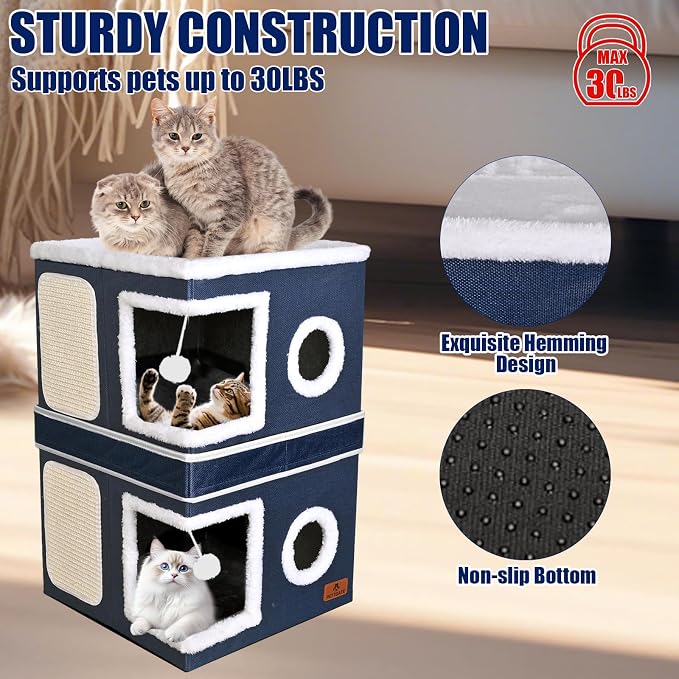 2-Story Cat House for Indoor Cats, Dual-Purpose Cat Cave Bed with Scratch Pad and Fluffy Ball, Foldable Cat Hideaway, Cute Cat Condo Furniture for Multi Small Pet Kitten, Blue - Image 4