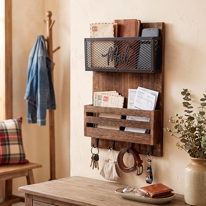 Yalikop Mail Organizer Wall Mount with Key Hooks, 2-Slot Wood Mail and Key Holder, Rustic Farmhouse Wall File for Entryway, Letter and Bill Sorter Organizer for Files, Keys and Magazines - Image 6