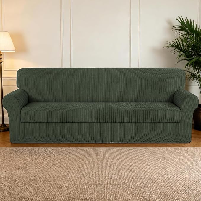 Oversized Sofa Cover Stretching Skid Resistance Couch Cover for Pets Washable, Thick and Durable Soft High Spandex Striped Pattern Sofa Covers (Oversized Sofa, Green) - Image 7