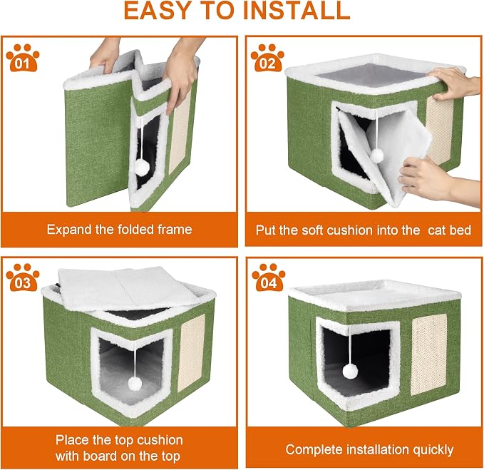 Loyareal Cat Houses for Indoor Cats - Large Cat Bed Cave with Scratch Pad and Fluffy Ball, Foldable Cat Condo Hideaway with Reversible Cushion for Multi Small Pet, Green - Image 6
