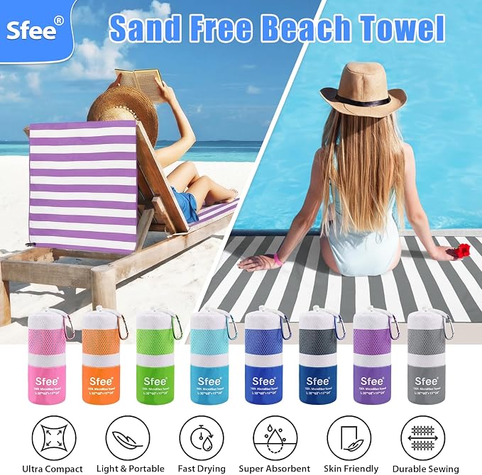 Sfee 2 in 1 Microfiber Beach Towel, Quick Dry Towel Camping Travel Towel Super Absorbent Compact Lightweight Sports Towel Gym Towels Set for Beach, Gym, Hiking, Pool, Backpacking, Bath, Yoga - Image 3