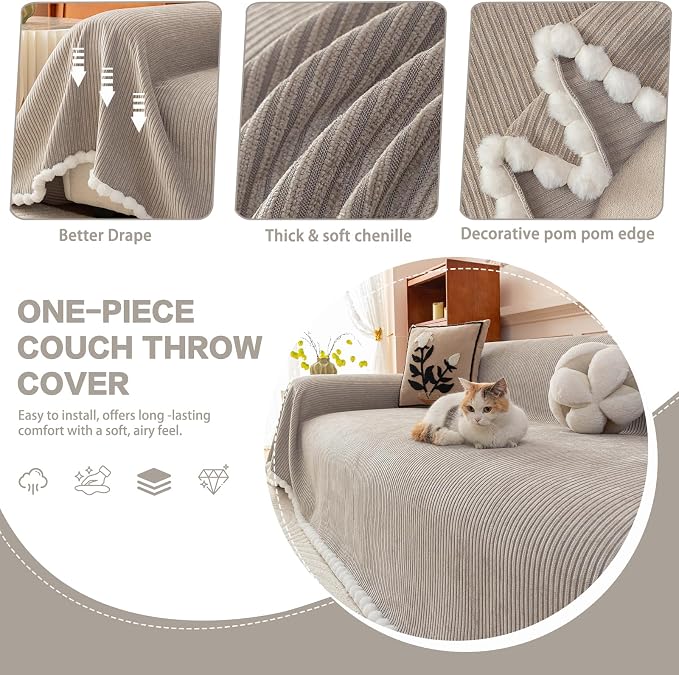 DREAMINGO Striped Chenille Couch Cover Blanket Washable Furniture Protector for Pets/Kids Farmhouse Modern Style Decorative Sofa Throw Cover for Living Room, Pom Pom Trim, Light Grey, 71"x150" - Image 3