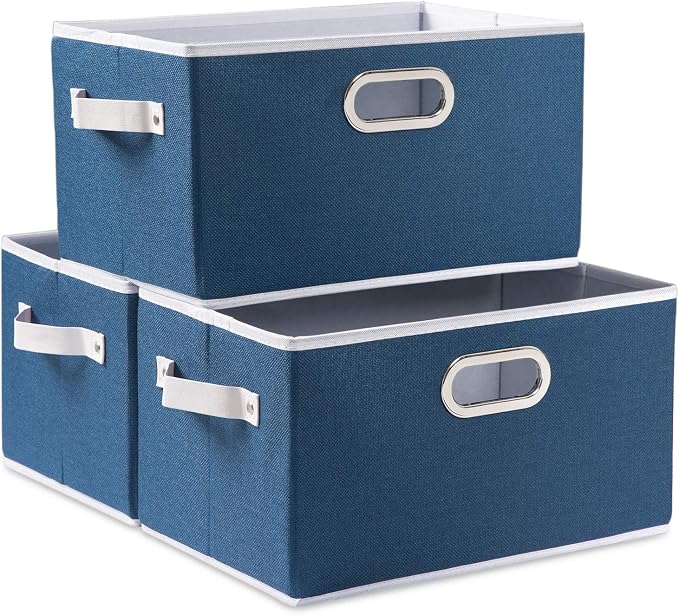 PRANDOM Fodable Storage Bins for Closet [3-pack] Decorative Fabric Storage Baskets Cubes with Leather/Metal Handles for Shelves Bedroom Living Room Royal Blue (11.5x8.5x6.7 Inch) by Prandom