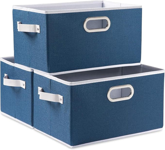 PRANDOM Large Collapsible Storage Baskets for Closet [3-pack] Decorative Fabric Storage Bins Cubes with Leather/Metal Handles for Shelves Bedroom Living Room Royal Blue (14.9x9.8x8.3 Inch) by Prandom