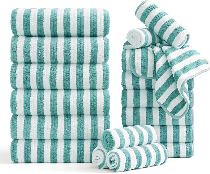 Smuge 18 Pcs Bath Towel Set, Include 6 Bath Towel Sheets, 6 Hand Towels and 6 Washcloths - Highly Absorbent Quick Dry Microfiber,Ultra Soft Bathroom Towel Set with Hanging Loop - Sea Blue by Smuge