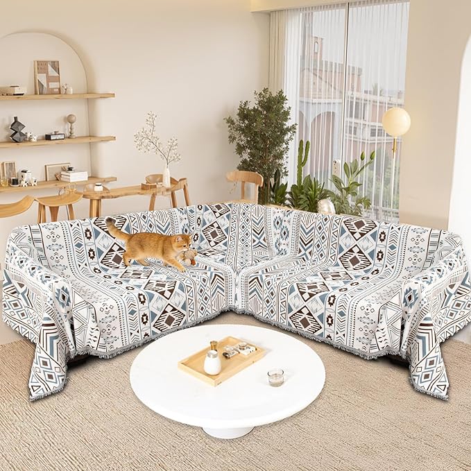 1OO% Waterproof Sectional Couch Covers for Dogs L Shaped Corner Sofa Cover Washable Chenille Sofa Slipcovers Blanket Modern Jacquard Pet Furniture Protector (91"x276", Boho Blue Brown) - Image 2