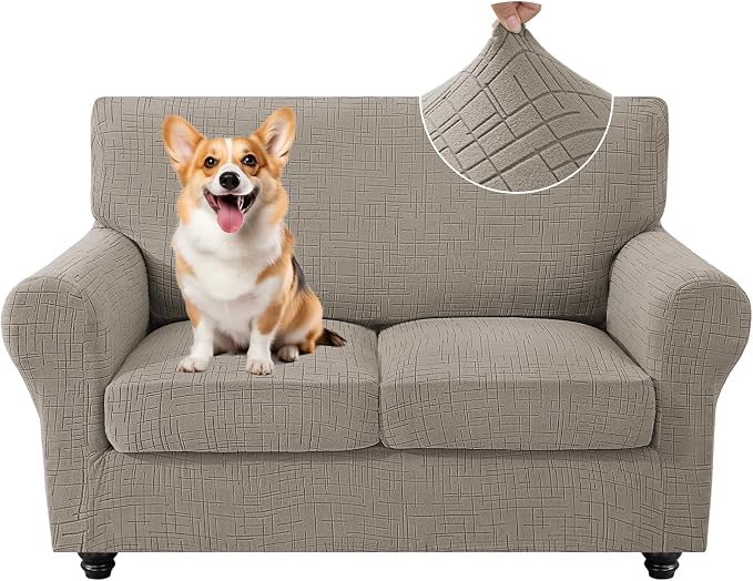 CYCMCAO 3 Piece Stretch Sofa Cover Couch Covers for 2 Cushion Couch, Non Slip Loveseat Covers, Sofa Covers Washable with Elastic Bottom for Kids, Dogs (Khaki), 55"-69" (2 Cushion Loveseat) by CYCMACOHOME