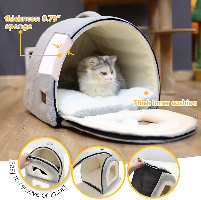 Cat Bed for Indoor Cats，Foldable cat cave，Anti-Slip & Water-Resistant Bottom，cat Houses for Indoor Cats or Small Dogs, Kitten Tent, Rabbit Bed，2 in 1 pet Bed (Grey) - Image 5