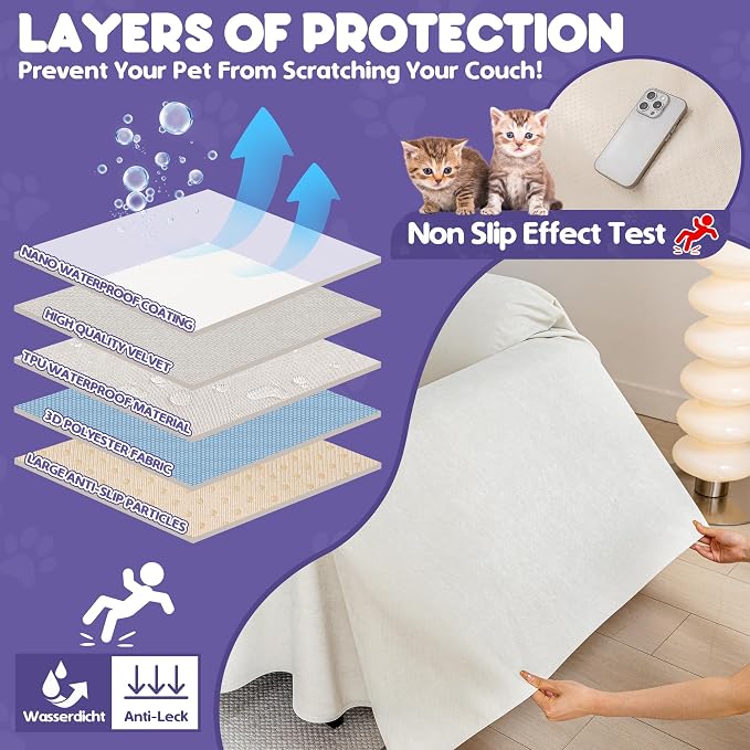 Cat Scratch Furniture Protector - Anti-Slip, Waterproof Sofa Cover to Keep Cats Off, Pet-Friendly Couch Protectors for 3 Cushion Couch, Beige Anti-Scratch Couch Cover for Pets and Kids 118"X71" | Pet-Friendly Couch Protector, Anti-Scratch & Anti-Slip S... - Image 4