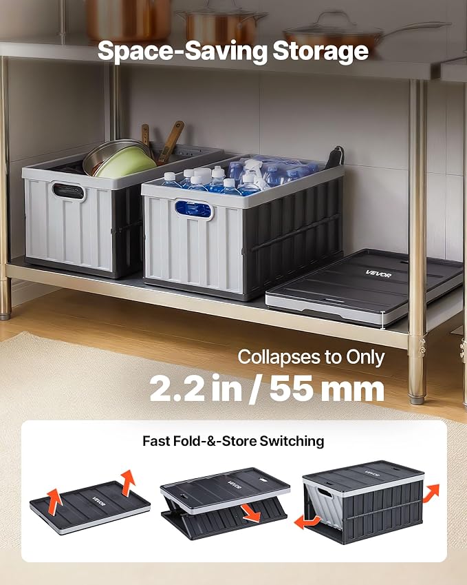VEVOR Plastic Collapsible Storage Bins with Lids, 65L 3 Packs, Stackable Folding Storage Crates with Handles, Holds 84 lbs Per Bin, Heavy Duty Containers, Space-Saving Baskets, for Home Organizing - Image 4