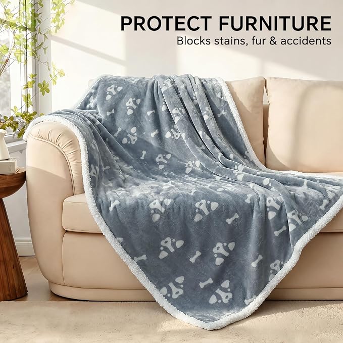 Luciphia Waterproof Dog Blanket Reversible Sherpa Fleece for Small Dogs Cat | Soft Print Pet Blanket Washable Pee Proof, Furniture Protector for Couch Sofa Bed Car, Cozy Throw(65" x 57", Grey) - Image 5