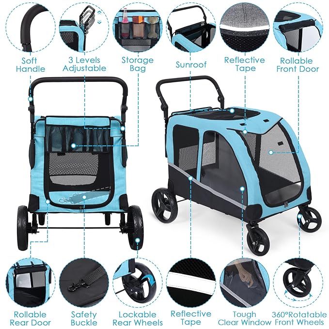 Dog Stroller for Large Dogs, Extra Large Pet Stroller for Medium Dogs, Dog Wagon Carriage, Foldable Design, Adjustable Handle, with Pocket, Up to 130 lbs, Blue