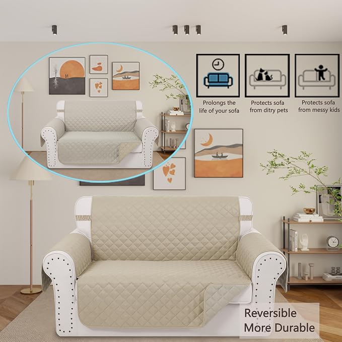 Reversible Loveseat Couch Sofa Covers, 2-Seater, Sand/Beige | Loveseat Covers for Dogs Water Repellent, Friendly Furniture Protector with Elastic Straps for Living Room - Image 2