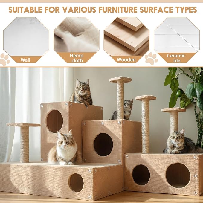 4 Pcs 118" x 15.8" Khaki Cat Scratch Mat, Trimmable Self-Adhesive Cats Scratch Carpet Couch Protector from Claw with Screws for Covering Cat Tower and Replacement Pads Wall Protector - Image 5
