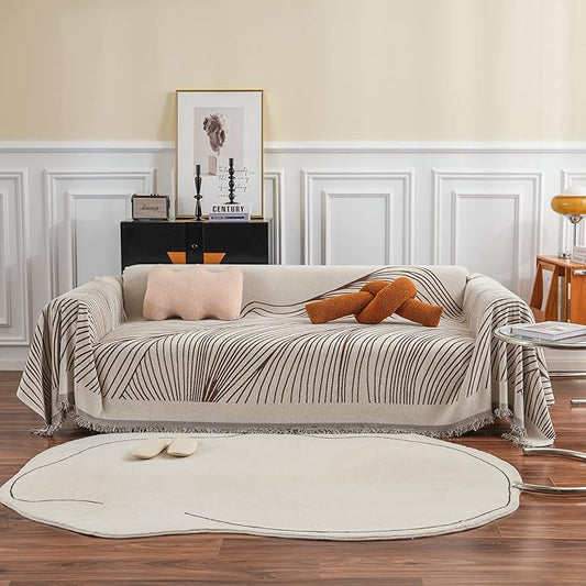 VClife XL Sofa Cover Chenille Couch Cover for 3 Cushion Couch Sofa, Modern Beige Chocolate Striped Couch Covers for Kids Washable Sectional Sofa Protector with Tassel 71"X134" by VCLIFE