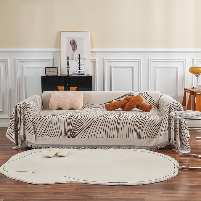 VClife XL Sofa Cover Chenille Couch Cover for 3 Cushion Couch Sofa, Modern Beige Chocolate Striped Couch Covers for Kids Washable Sectional Sofa Protector with Tassel 71"X134" by VCLIFE