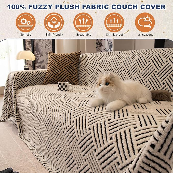 ROOMLIFE Striped Boho Black Couch Cover for 2-3 Cushion Sofa, Fuzzy Plush Warm Sofa Slipcovers Sectional Sofas Covers, Non Slip Washable Furniture Protector Soft with Tassel,Winter 71''X150” - Image 2