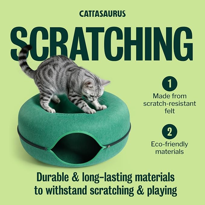Cattasaurus Peekaboo Cat Cave Donut for Multiple & Large Cats up to 30-45 lbs, 3-in-1 Self Warming Cat Bed, Tunnel & Scratcher for Indoor Cats, Washable & Detachable Dog Bed (Forest Green, Large) - Image 5
