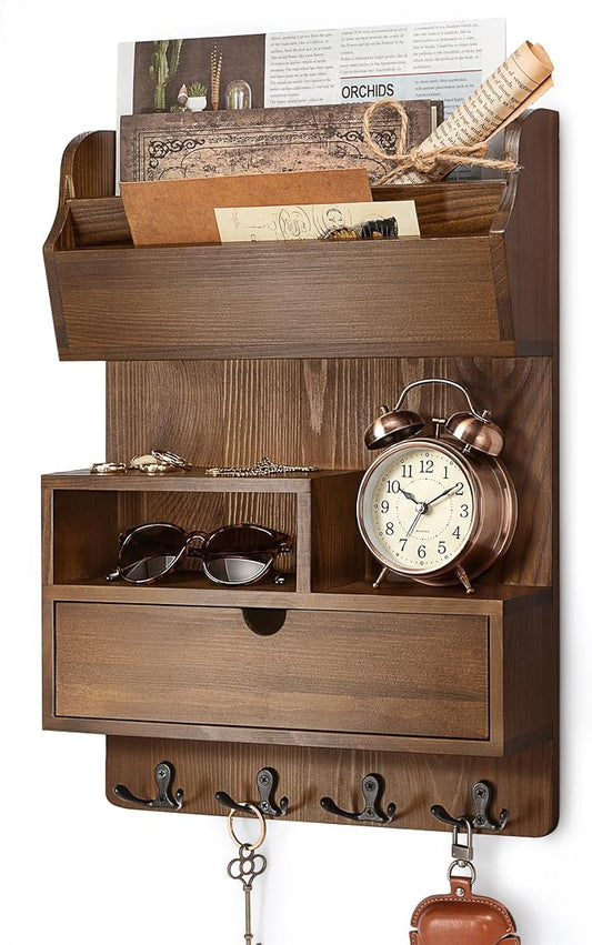 Rebee Vision Pine Wood Key Holder Wall Mount with Drawer & 4 Hooks, Brown | Farmhouse Mail and Key Organizer, 4 Key Hooks, Mail Sorter for Letters, Keep Small Essentials Tidy, Adds Retro Entryway Charm by REBEEVISION