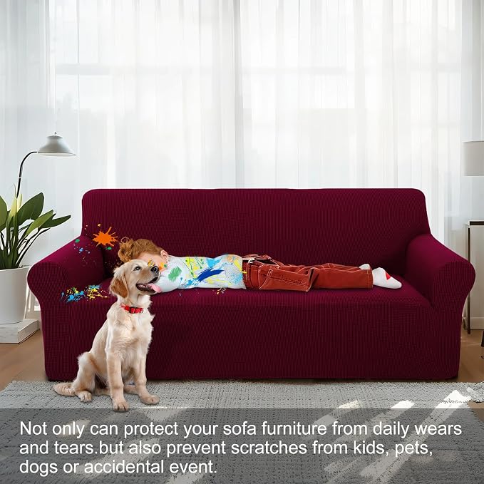Stretch loveseat Covers Washable Sofa Slipcover, Burgundy | 1 Piece Couch Covers for Sofa Furniture Protector with Non Skid Foam and Elastic Bottom for Kids, Dogs - Image 2