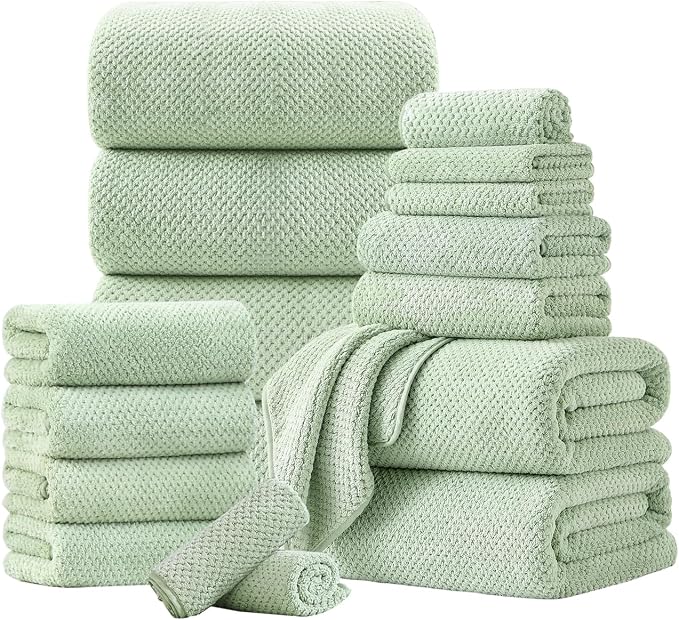 18 Piece Microfiber Bath Towels Set - 6 Bath Sheets,6 Hand Towels And 6 Washcloths,Soft Family Towels,Highly Absorbent Bathroom Towel,Quick Dry Shower Towel Luxury Towels For Hotel Spa Dorm-Green by FerdilanUS
