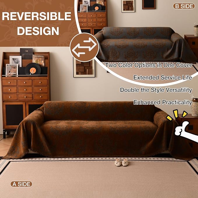 STACYPIK Vintage Floral Couch Covers, Caramel Brown Jacquard Sofa Cover | 71"x150" XX-Large, Non Slip, Soft Breathable, Furniture Protector, Reversible, Sectional/L Shape Sofa Slipcovers Washable - Image 2