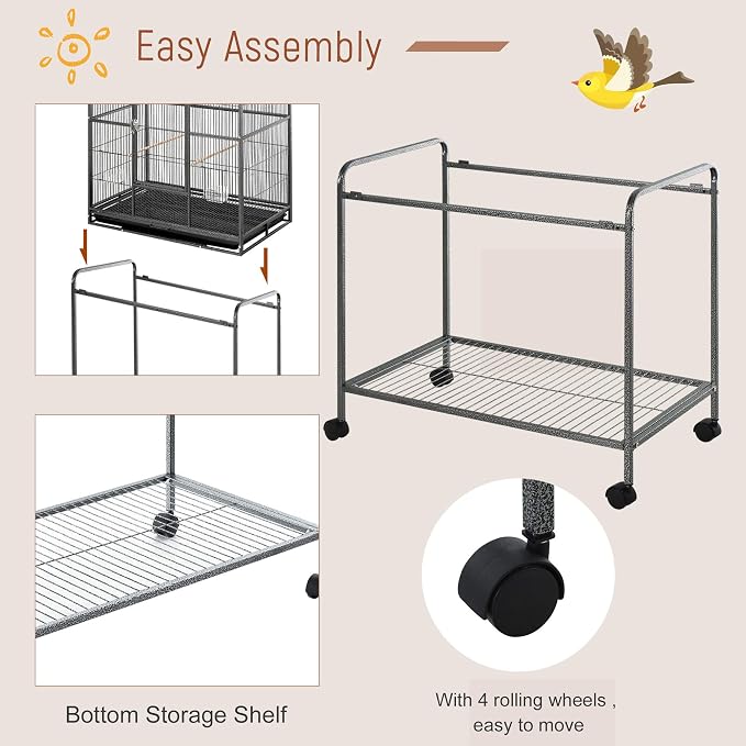 PawHut 30" Rolling Metal Bird Cage Feeder with Detachable Rolling Stand, Storage Shelf, Wood Perch & Food Container | Storage Shelf, Wood Perch, Food Container - Image 3