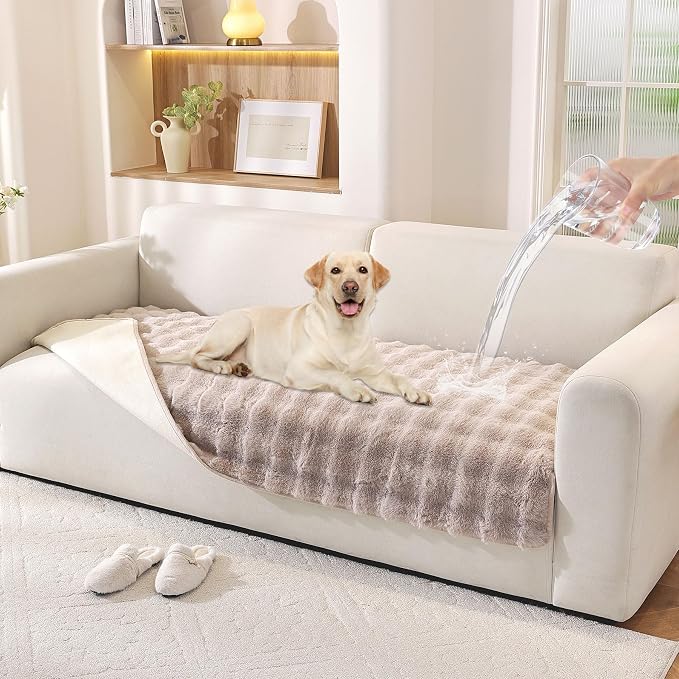 Waterproof Dog Bed Cover Non Slip Couch Covers for Dogs Washable Soft Faux Fur Sofa Cover Couch Covers for 2 Cushion Couch Sofa Pet Friendly (Khaki) by Hittun