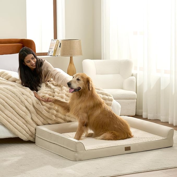 COZY KISS Dog Beds for Extra Large Dog, XXL Bolster Pet Couch with Waterproof Lining, Egg Crate Foam Sofa for Pets Up to 150 lbs, U-Shaped, 48x35x8 inch, Beige - Image 5