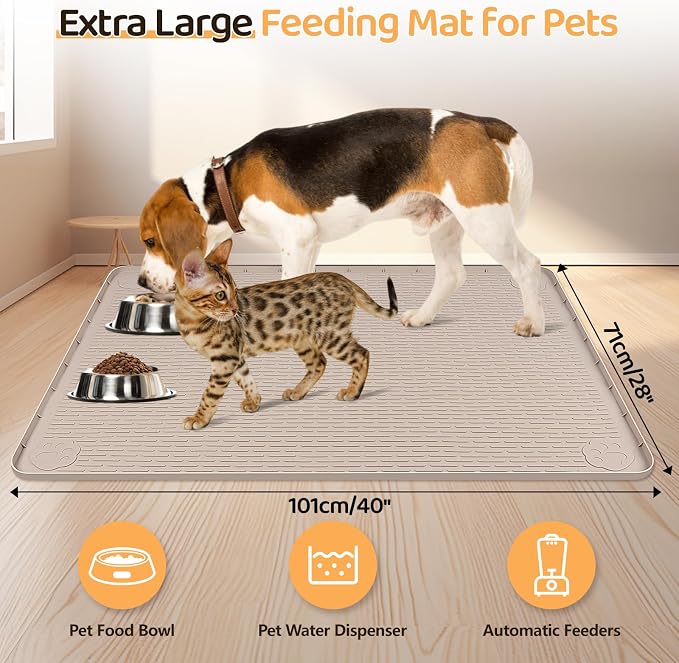 Dog Food Mat 40''x28'' Extra Large Dog Mat for Food and Water, Khaki | Silicone Dog Bowl Mat with Raised Edge, Waterproof Non-Slip Pet Feeding Mat for Floors, fit for Dog Cat Bowls - Image 2