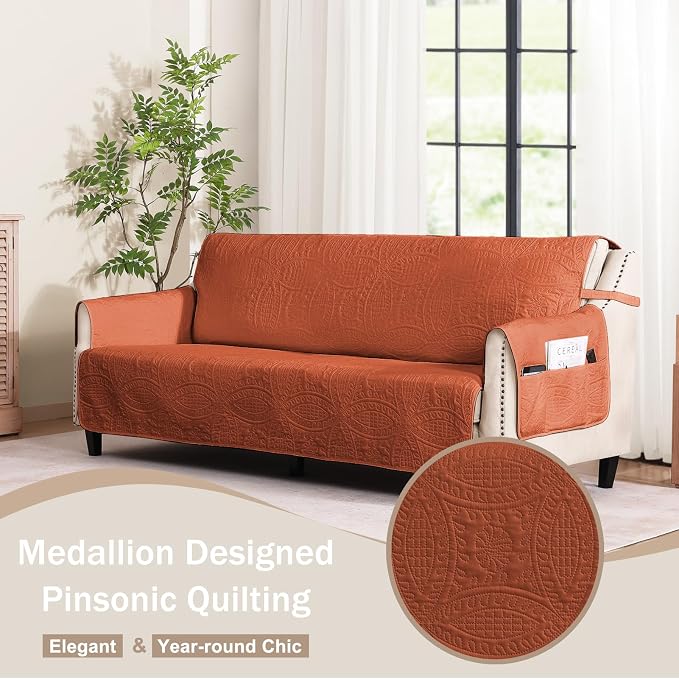 Soft Quilted Couch Cover with Pockets for Extra-Large Sofa, Anti-Slip Sofa Covers Washable for 3 Cushion Pet Friendly, Oversized Sofa Cover Water-Repellent (X-Large Sofa 78", Burnt Orange) - Image 2