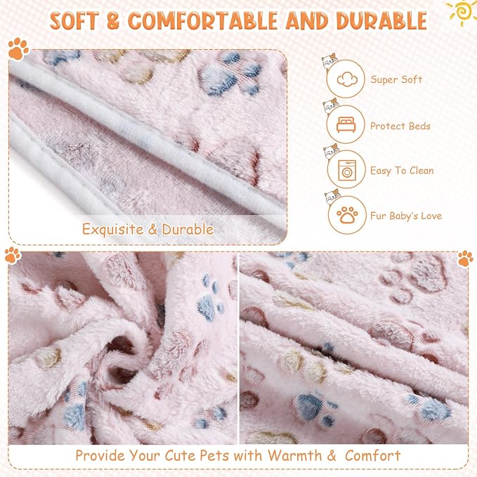 Tatuo 4 Pack Fleece Dog Blankets for Puppy Cats Multi-Size Sleep Mat for Pet Guinea Pig Soft Washable Warm Crate Bed Puppy Teething Toys Print Pattern Blanket Indoor(Beige,24 x 16 Inch,Paw) - Image 2