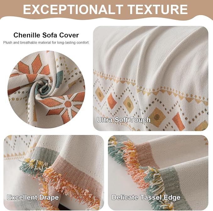 VClife Boho White Jacquard Couch Cover Soft Couch Cover for 3 Seater Cushion Couch Sofa Bedroom Living Room Furniture Protector Sofa Cover for Couch Bed - Gift for Christmas Thanksgiving 71x134 Inch - Image 6