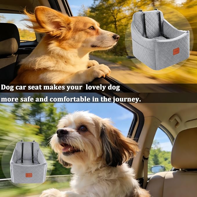 Dog Car Seat for Small/Medium Dogs up to 35 lbs, Memory Foam Pet Booster Seat with Detachable Washable Cover, Portable Pet Bed for Cars with Safety Belts and Storage Pockets(Grey, Medium) - Image 8