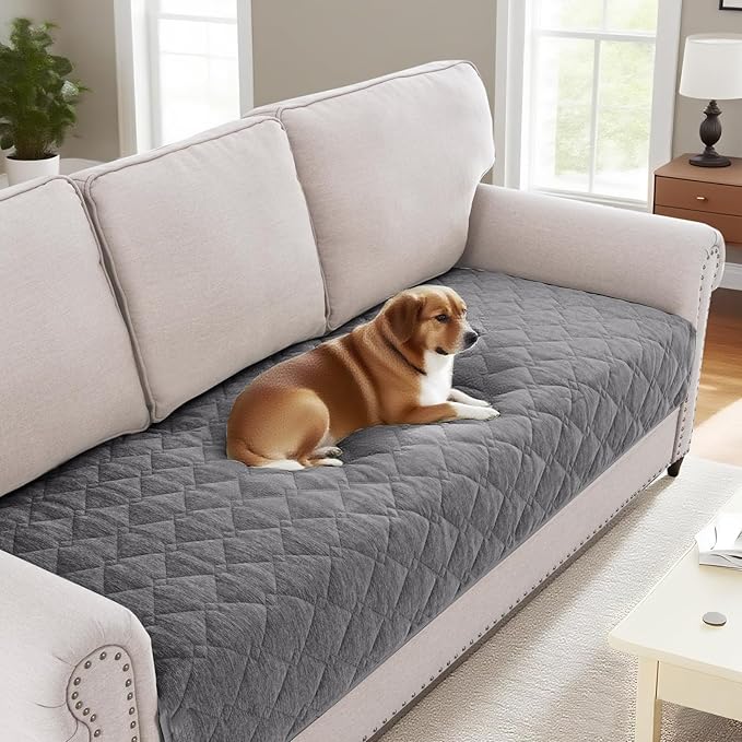 H.VERSAILTEX Couch Cover Chenille Pet Fuzzy Sofa Covers for 3 Cushion Couch Anti Slip Washable Sofa Slipcovers with Strap Soft Couch Protector Cover for Dogs Cats Kids(34.5" x 74", Light Grey) by HVERSAILTEX