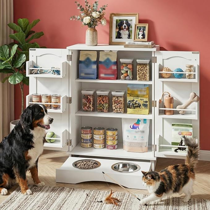 Dog Storage Cabinet with Bowls, Pet Food Storage Cabinet with Adjustable Shelves, Hidden Dog Feeding Station with Hooks, Letter Stickers, Pet Storage Organizer for Cats and Dogs - Image 6