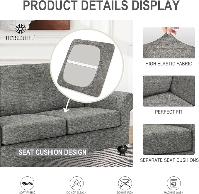 URBANLIFE 3-Piece Stretch Sofa Covers for 2 Cushion Couch, Light Gray | Super fitted spandex slipcovers for couches. Non-slip elastic bottom. Machine washable furniture protector for kids & pets. - Image 6