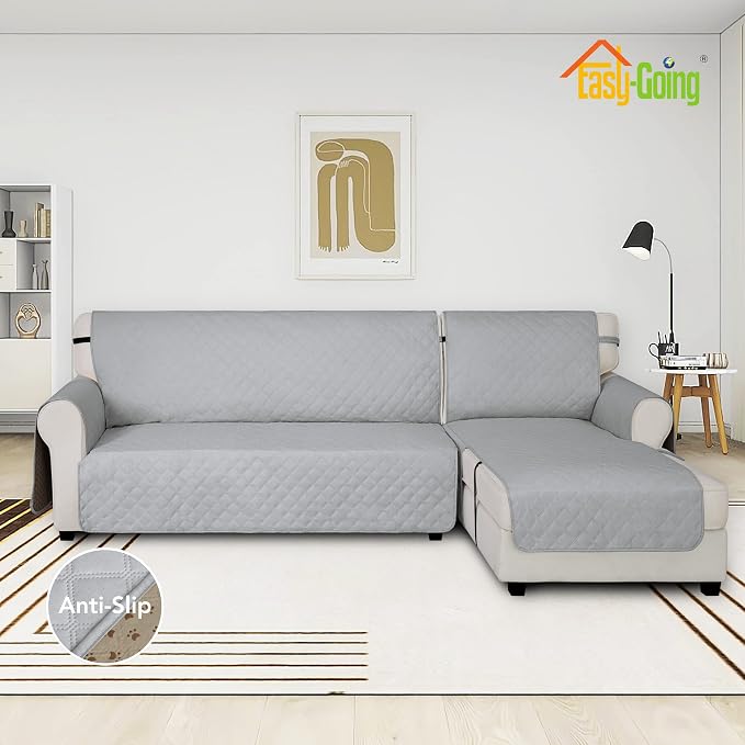 Easy-Going Waterproof Sectional Couch Covers with Chaise 2-Piece Non Slip L Shape Sofa Cover for Dogs Leakproof Furniture Protector Cover with Adjustable Strap for Pets (Small, Light Gray) - Image 2