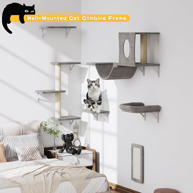 NUNU LAB Wall Mounted Cat Furniture Set - 6 Pcs Climber Set with House, Bridge, Steps, Scratcher Board - DIY Walls Playground, Indoor Cat Shelves - Gray - Image 3