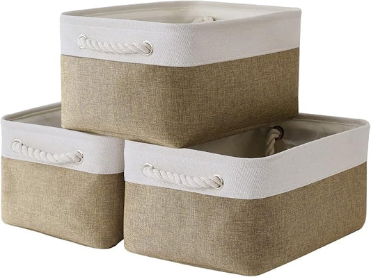 TheWarmHome Storage Basket for Organizing - 14x10x7 inch Medium 3 Pack Collapsible Storage Bin for Shelves with Handles, Canves Storage Box for Organizer Cubes Cloth Gift Toy Closet (White & Khaki) by TheWarmHome