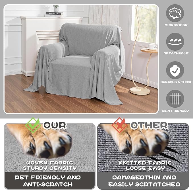 MYSKY HOME Armchair Couch Cover for Sofa, Couch Covers for Dogs Washable Blanket Modern Sofa Slipcovers, Super Soft Sofa Cover for Reclining Couch, 71" x 91", Light Grey - Image 3