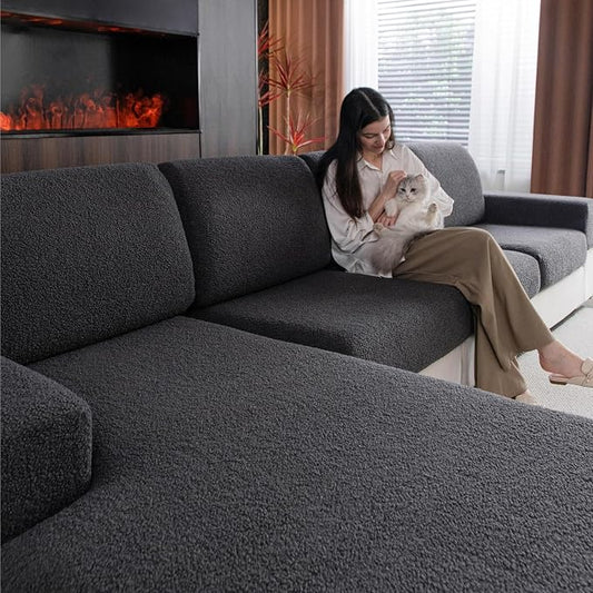 OHSIO Couch Cushion Covers for Sectional Sofa, Stretch Soft Sofa Slipcovers Washable Wear-Resistant Universal Furniture Protector for Living Room(1 Piece Chaise Cover, Dark Gray) by OHSIO