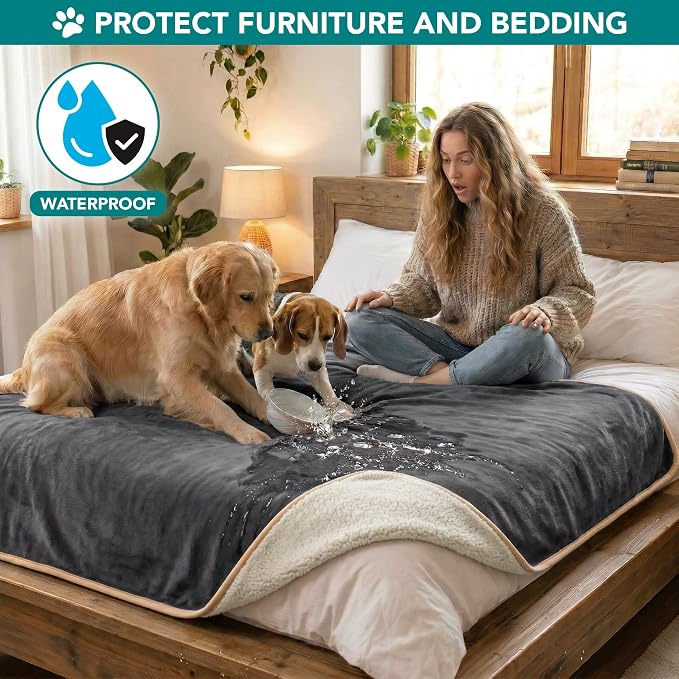 PetAmi Waterproof Dog Blanket for Extra Large Dogs, Pee Proof Pet Blanket for Bed Couch, Reversible Water Proof Blanket for Puppy Indoor Cat, Soft Dog Crate Cover Washable, Queen 90x90 Gray/Beige - Image 2