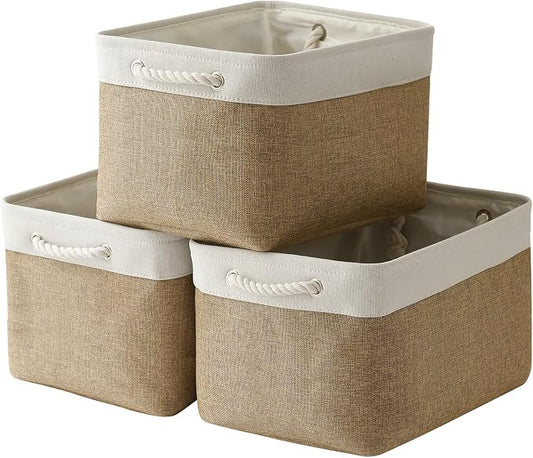 TheWarmHome Organization and Storage Basket for Gifts Empty - 16x12x12 inch Cube Storage bin 3 Pack Fabric Storage Cubes, Collapsible Baskets for Organizer Closet Cloth Gift Toy (White & Khaki) by TheWarmHome